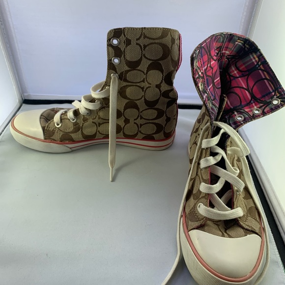 COPY - COACH Women's Brown Monogram Logo "Bonney" High-Top Sneakers - Picture 3 of 8